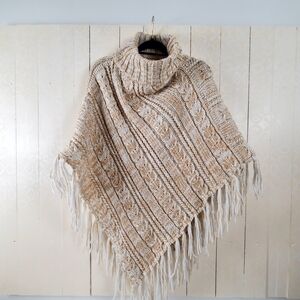 Elegant Cable Knit Turtleneck Cape in Cream